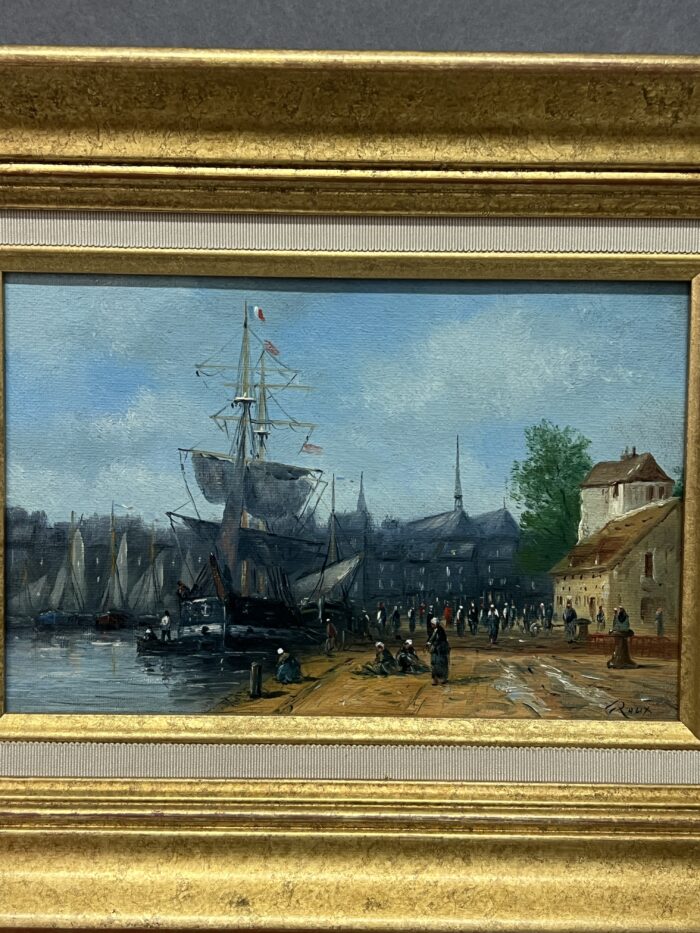 Huile sur toile de Gérard Roux né en 1946, représentant le port de Honfleur. Une œuvre marine authentique au charme intemporel, signée de l'artiste.