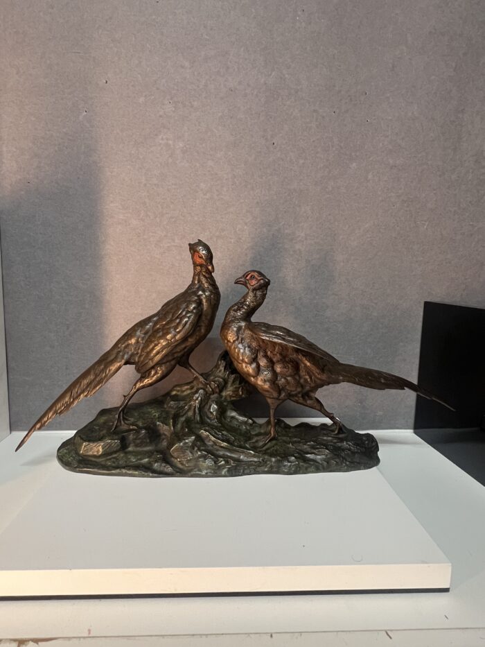 Jules MOIGNEZ (1835-1894), rare groupe en bronze polychrome, combat de faisan