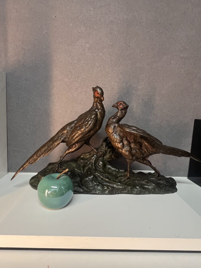 Jules MOIGNEZ (1835-1894), rare groupe en bronze polychrome, combat de faisan