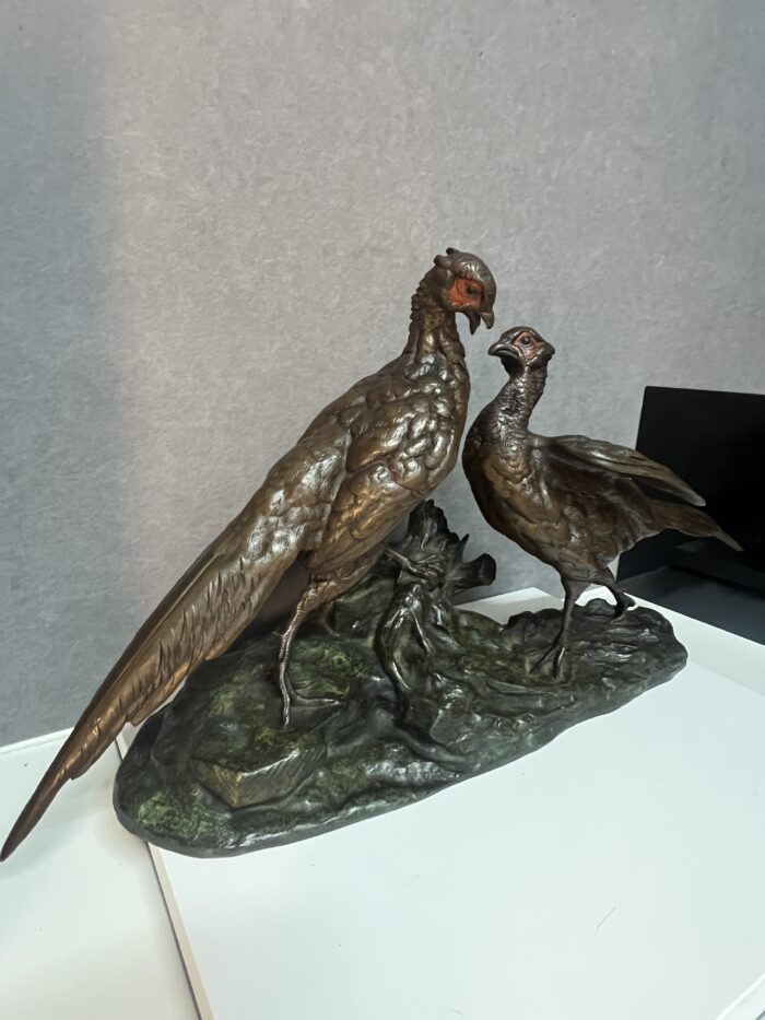 Jules MOIGNEZ (1835-1894), rare groupe en bronze polychrome, combat de faisan