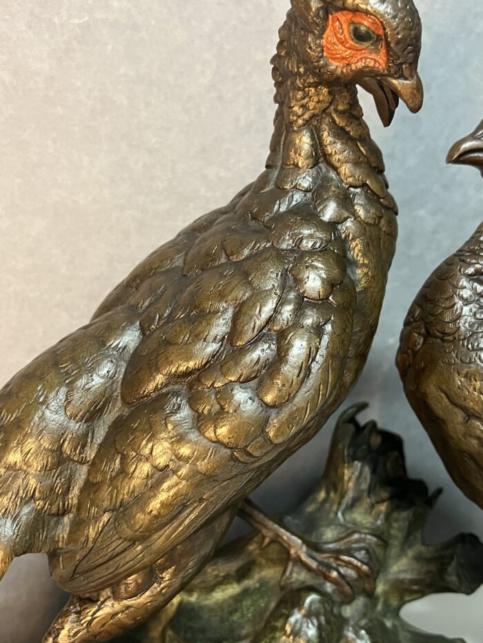 Jules MOIGNEZ (1835-1894), rare groupe en bronze polychrome, combat de faisan