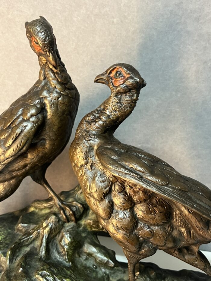 Jules MOIGNEZ (1835-1894), rare groupe en bronze polychrome, combat de faisan