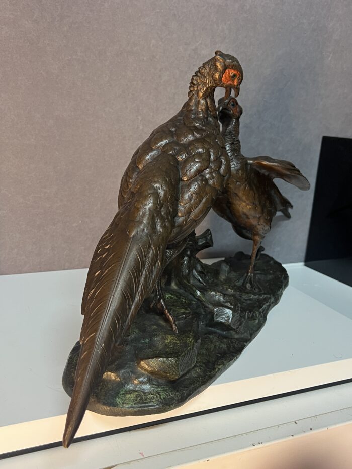 Jules MOIGNEZ (1835-1894), rare groupe en bronze polychrome, combat de faisan