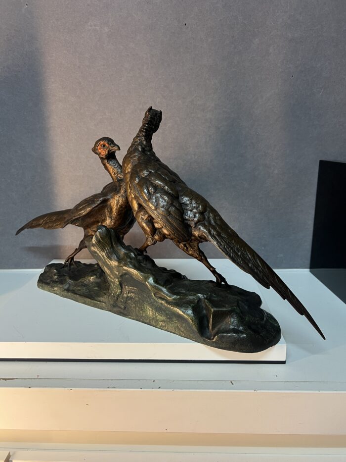 Jules MOIGNEZ (1835-1894), rare groupe en bronze polychrome, combat de faisan