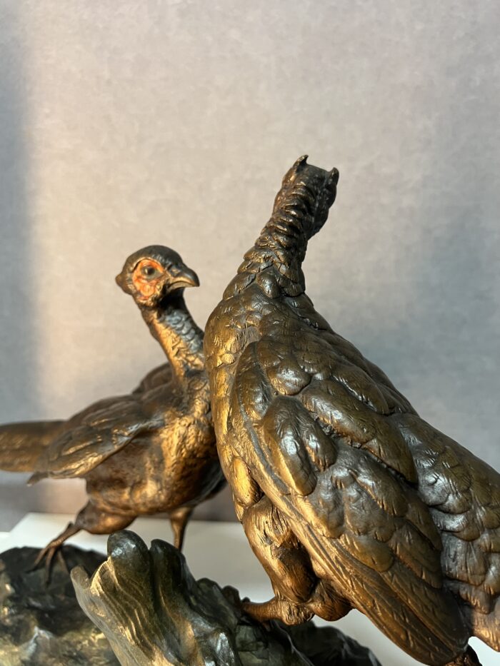 Jules MOIGNEZ (1835-1894), rare groupe en bronze polychrome, combat de faisan