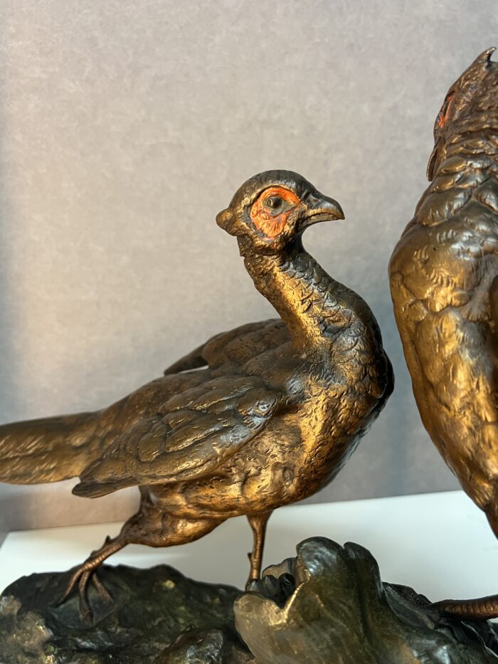 Jules MOIGNEZ (1835-1894), rare groupe en bronze polychrome, combat de faisans, époque XIXe siècle – Image 16
