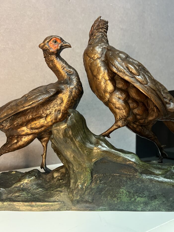 Jules MOIGNEZ (1835-1894), rare groupe en bronze polychrome, combat de faisan