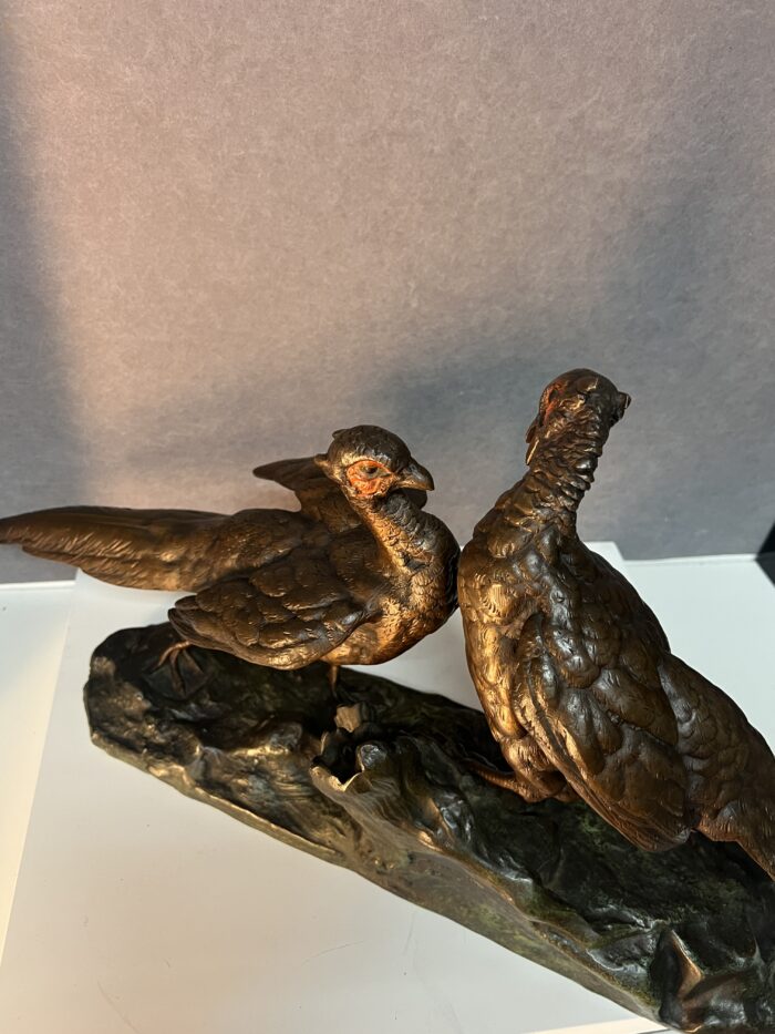 Jules MOIGNEZ (1835-1894), rare groupe en bronze polychrome, combat de faisan