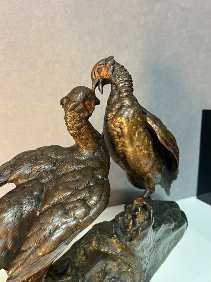 Jules MOIGNEZ (1835-1894), rare groupe en bronze polychrome, combat de faisan