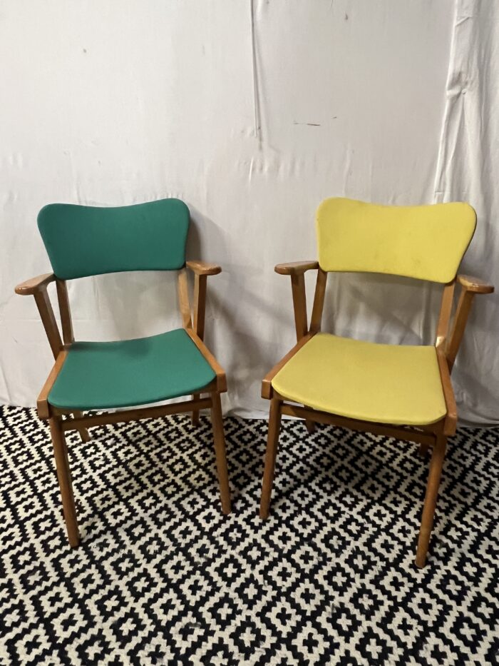 Paire de chaises fauteuils bridge compas vintage 1960 de couleur vert et jaune