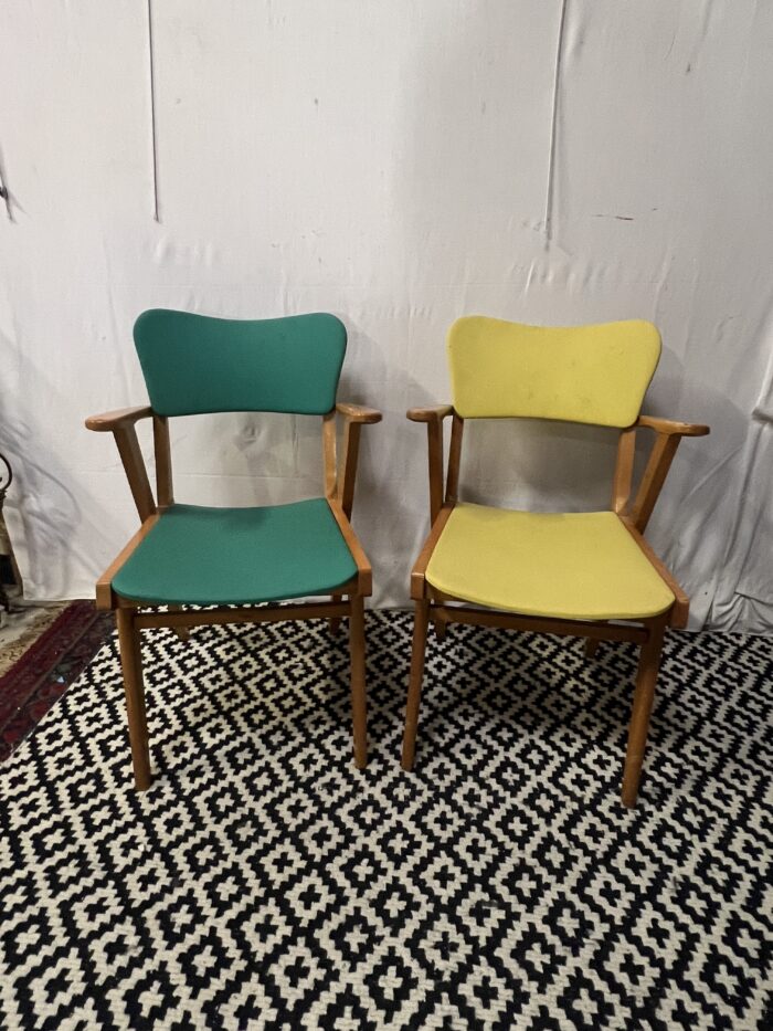 Paire de chaises fauteuils bridge compas vintage 1960 de couleur vert et jaune