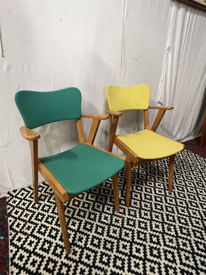 Paire de chaises fauteuils bridge compas vintage 1960 de couleur vert et jaune