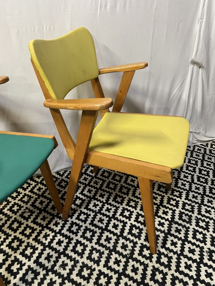 Paire de chaises fauteuils bridge compas vintage 1960 de couleur vert et jaune