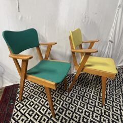 Paire de chaises fauteuils bridge compas vintage 1960 de couleur vert et jaune