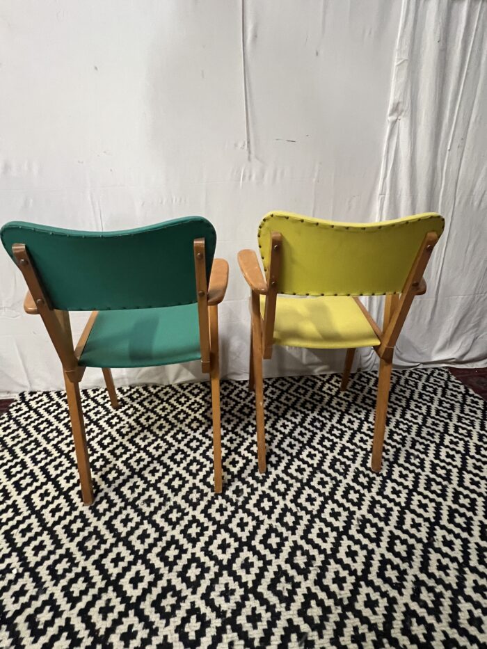 Paire de chaises fauteuils bridge compas vintage 1960 de couleur vert et jaune