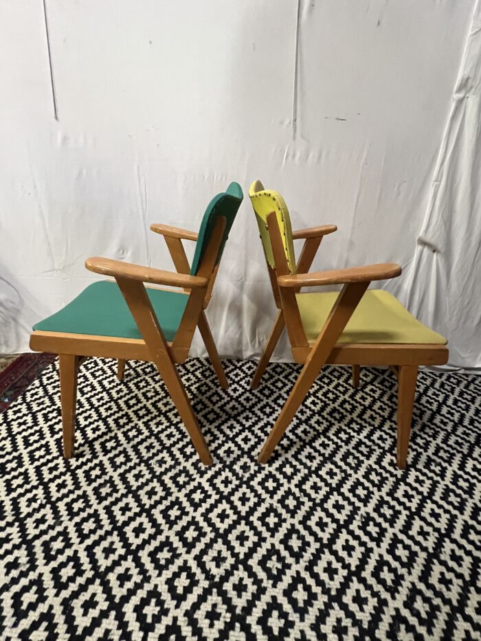 Paire de chaises fauteuils bridge compas vintage 1960 de couleur vert et jaune