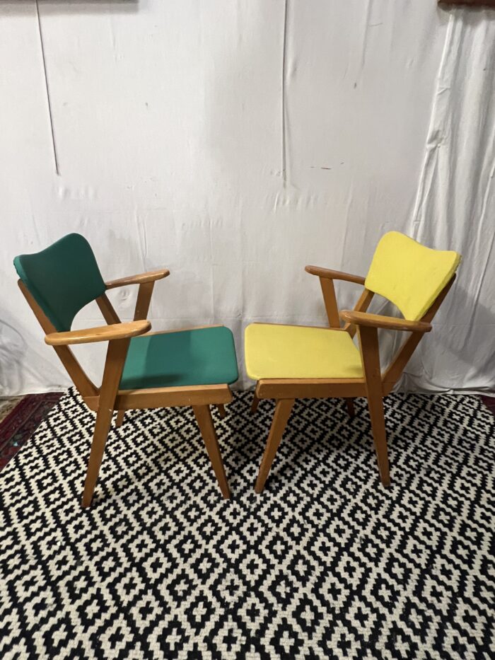 Paire de chaises fauteuils bridge compas vintage 1960 de couleur vert et jaune